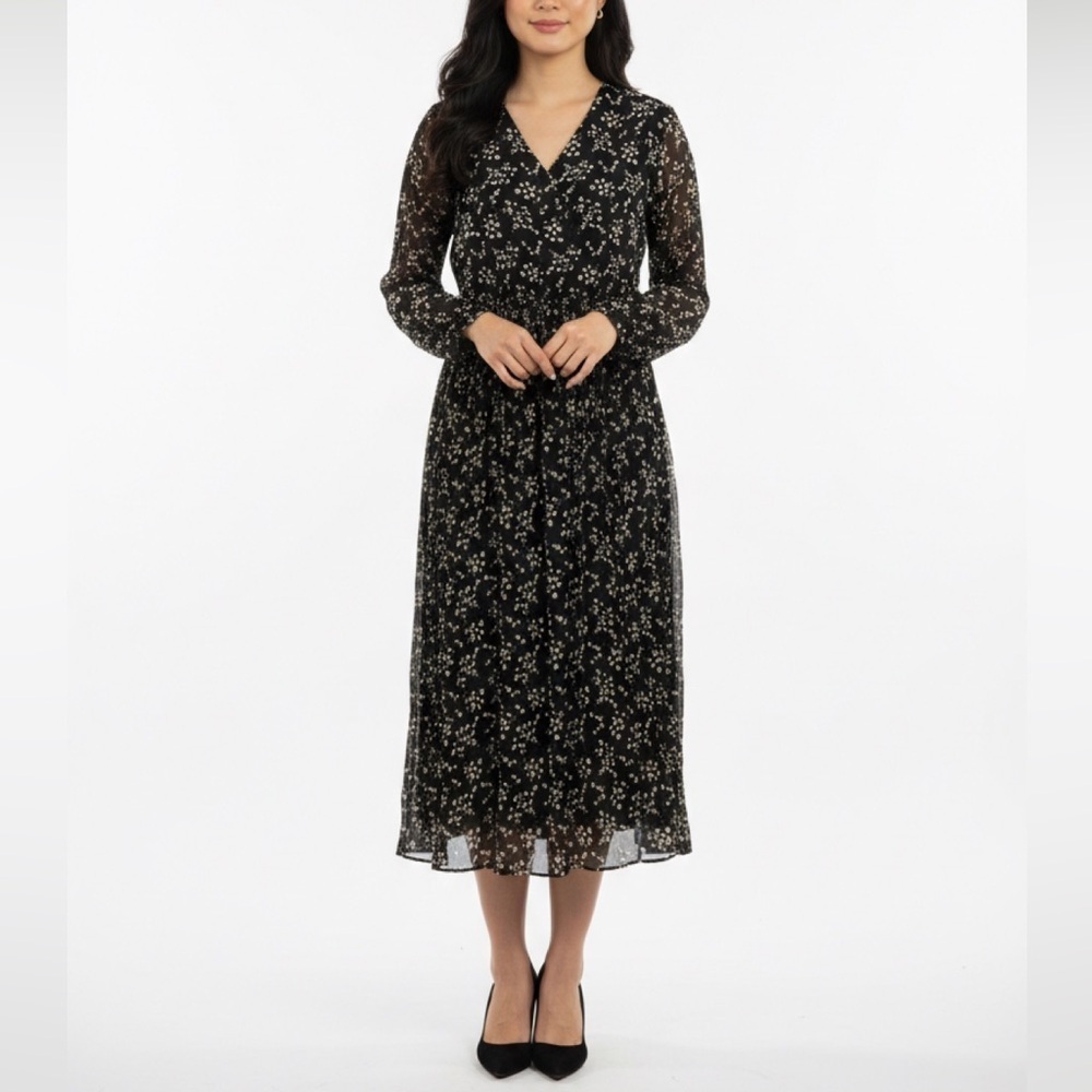 Floral V-Neck Long Sleeve Midi Dress - Black